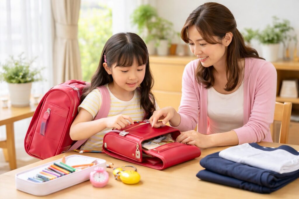 小学校入学前の春休みに、ランドセルや生活習慣を親子で確認している様子