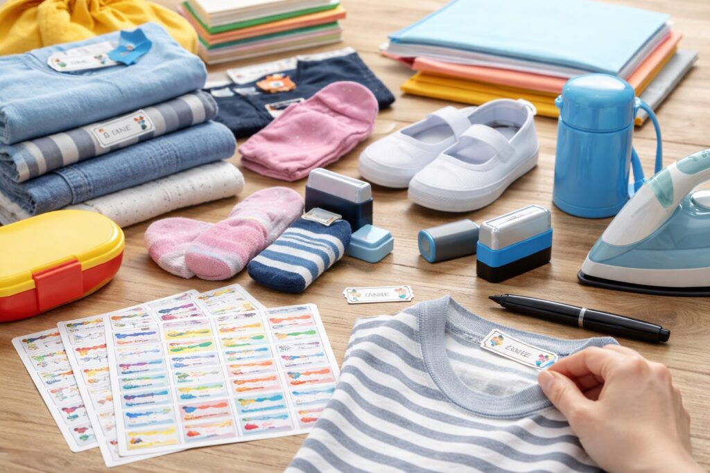 入園準備の名前付けに使う名前シールやスタンプ、洋服や持ち物を並べた作業風景