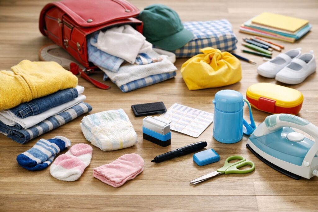 入園準備で名前付けが必要な洋服や持ち物、名前シールやスタンプなどの準備用品が並んでいる様子