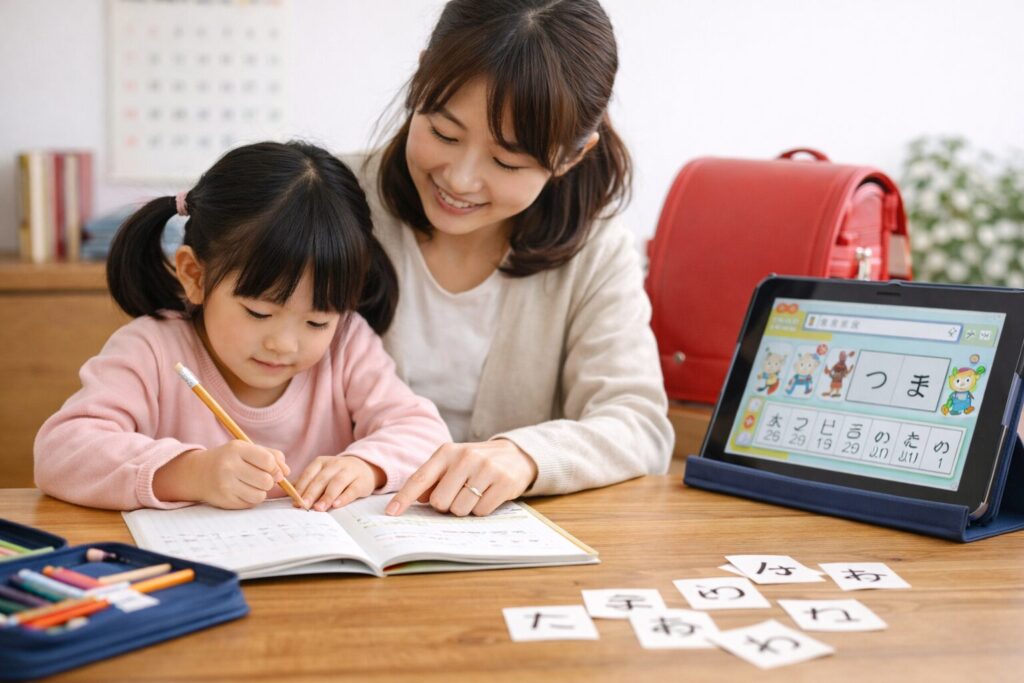 小学校入学前に、親子でひらがなの練習をしている様子