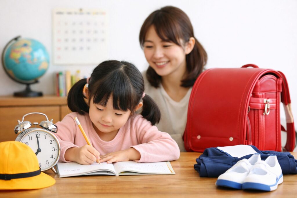 小学校入学前の子どもが、通学準備を意識して机で勉強している様子