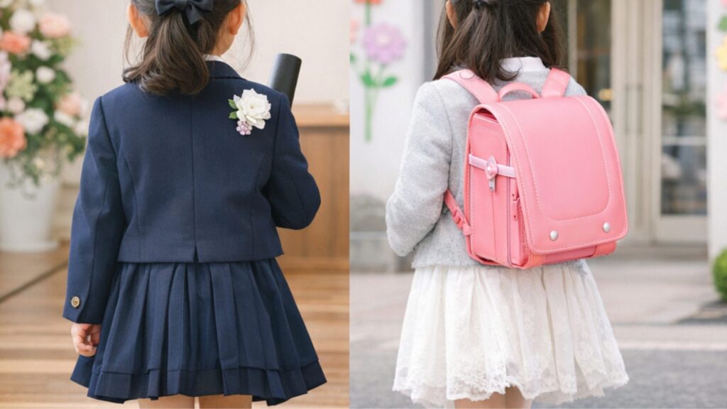 卒園式と入学式の服を着る子どもの後ろ姿