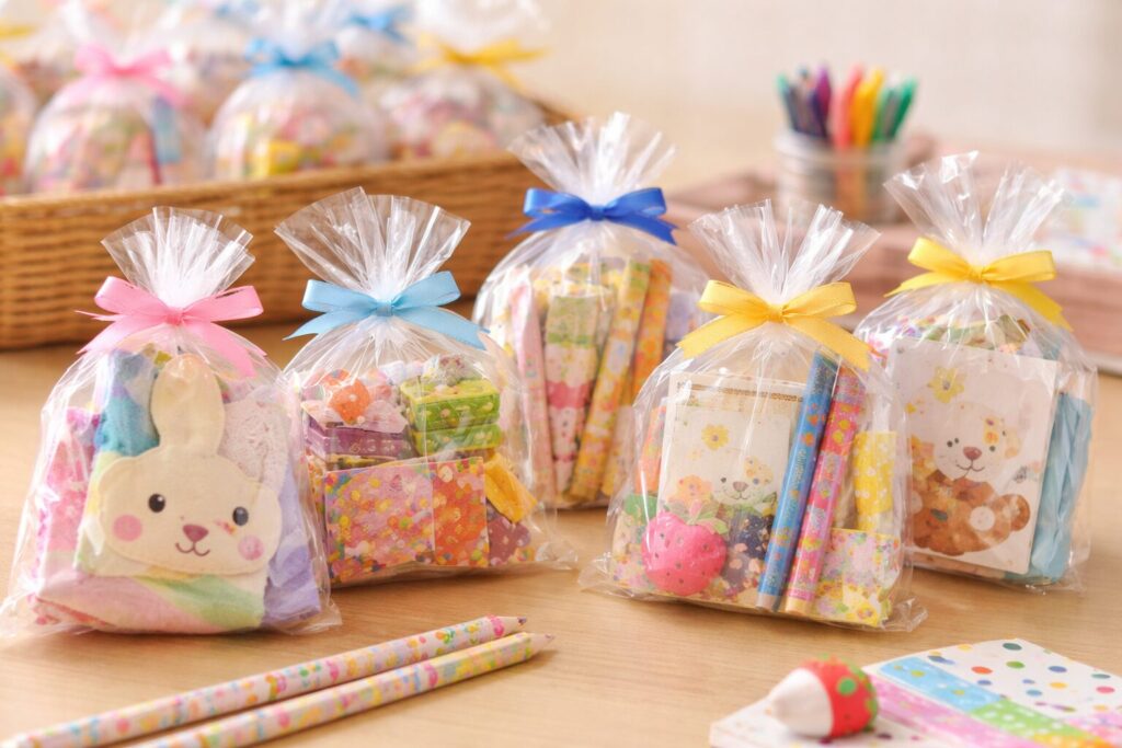 卒園式のプチギフトとして選ばれるお菓子や小物を並べたイメージ写真