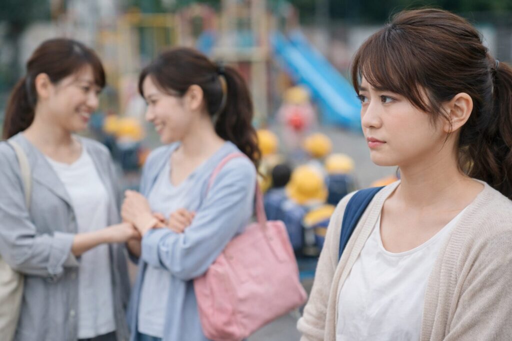 幼稚園入園前に人間関係を心配する親と、園生活に溶け込む子どもたちのイメージ