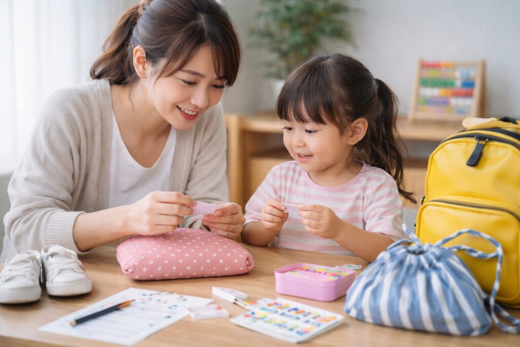 幼稚園の入園準備を前に、不安を感じながらも親子で準備を進める様子。入園前の親の気持ちを表したイメージ。