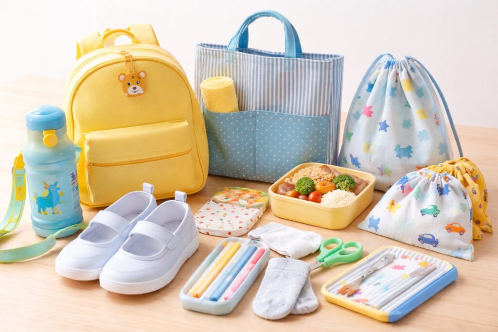 幼稚園の入園準備で必要な持ち物をまとめたチェックリストイメージ（通園バッグ・上履き・水筒・お弁当箱など）
