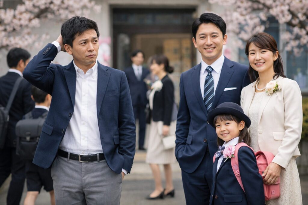 入学式で服装に迷う父親とフォーマルな家族の対比