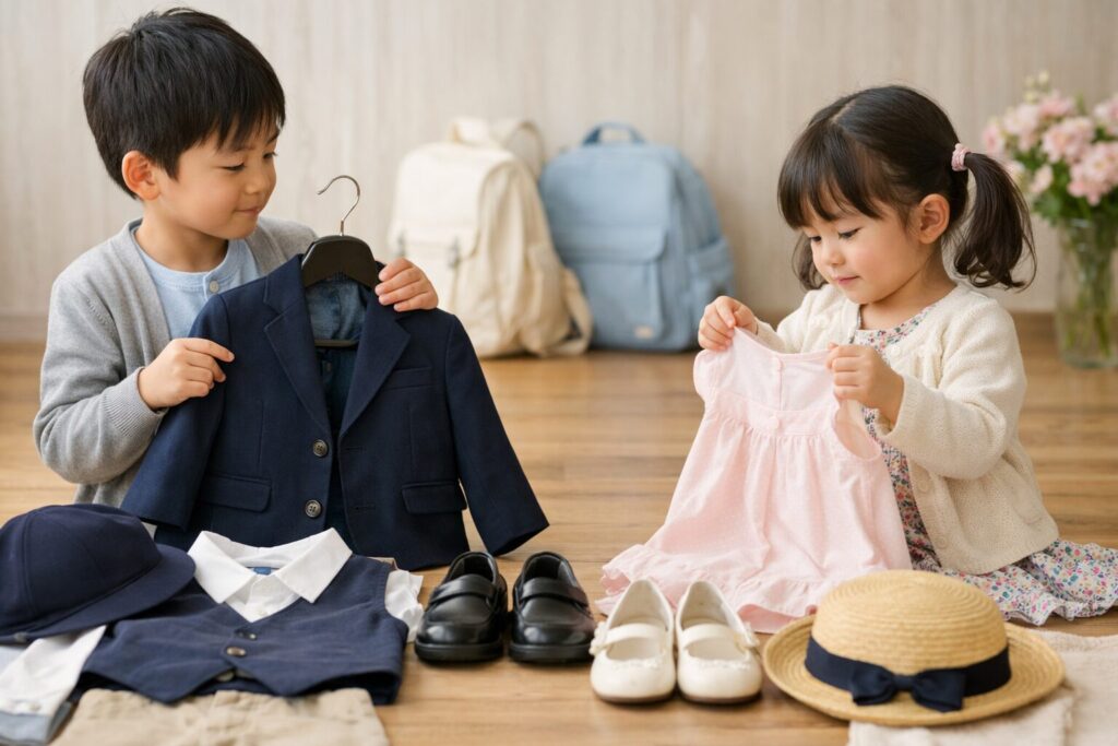入園式の兄弟の服装を選ぶイメージ。男の子と女の子がきれいめな服を並べて準備している様子