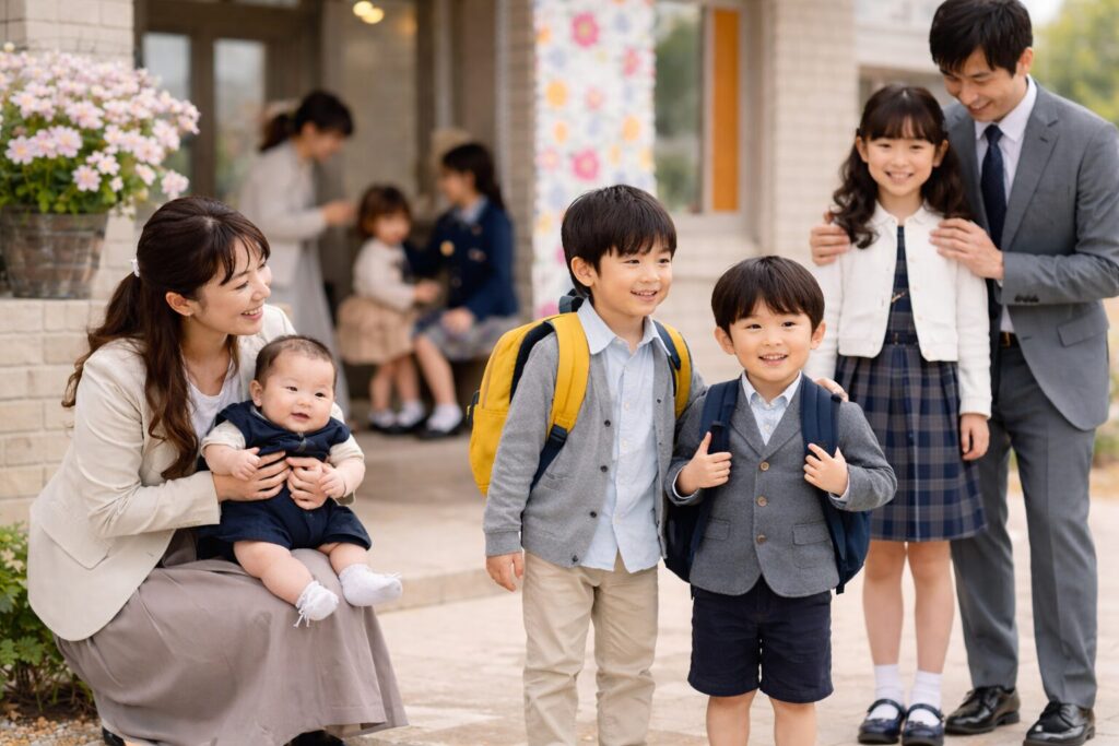 入園式当日、きれいめな服装で並ぶ兄弟と保護者の様子。フォーマルすぎない服装で参加する家庭の実例イメージ