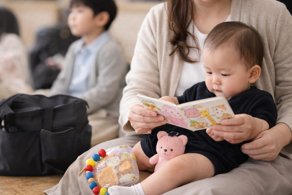 入園式の待ち時間に、兄弟連れで静かに過ごす親子の様子。抱っこされた下の子が絵本を読んでおり、子連れ入園式の準備や工夫が伝わる場面。