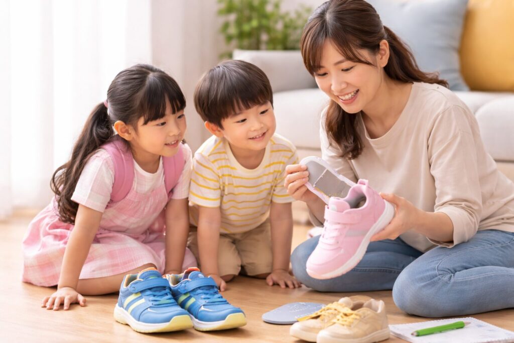 靴の大きさを親子で調べている様子