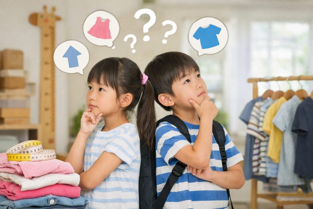 小1の服のサイズの基本と不安ポイントを表したイメージ画